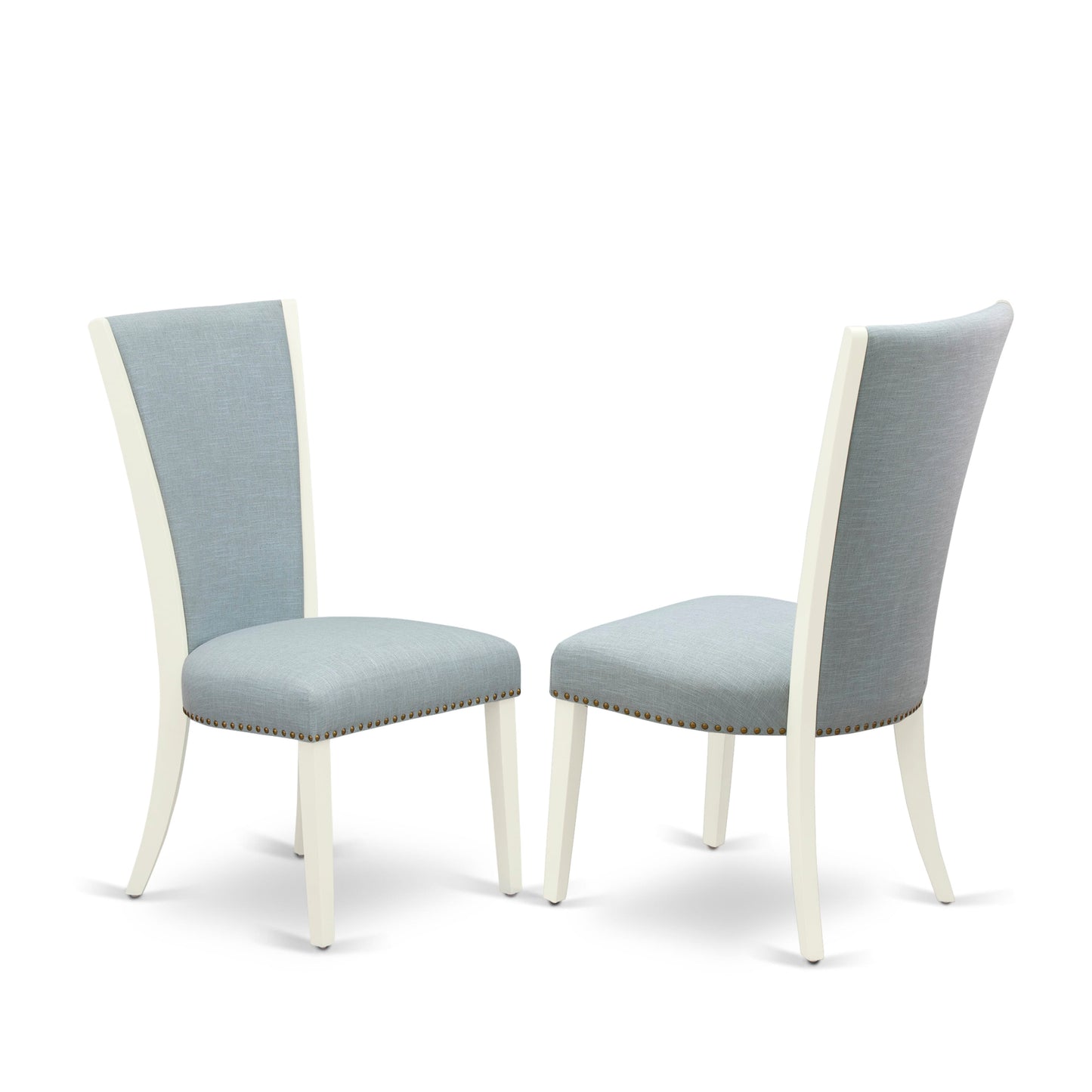 EAST WEST FURNITURE - AVVE5-LWH-15 - 5 Pc Dining Room Table Set - 4 Baby Blue Linen Fabric Dining Padded Chairs with High Back and 1 Removable leaf Oval Dining Table - linen white Finish