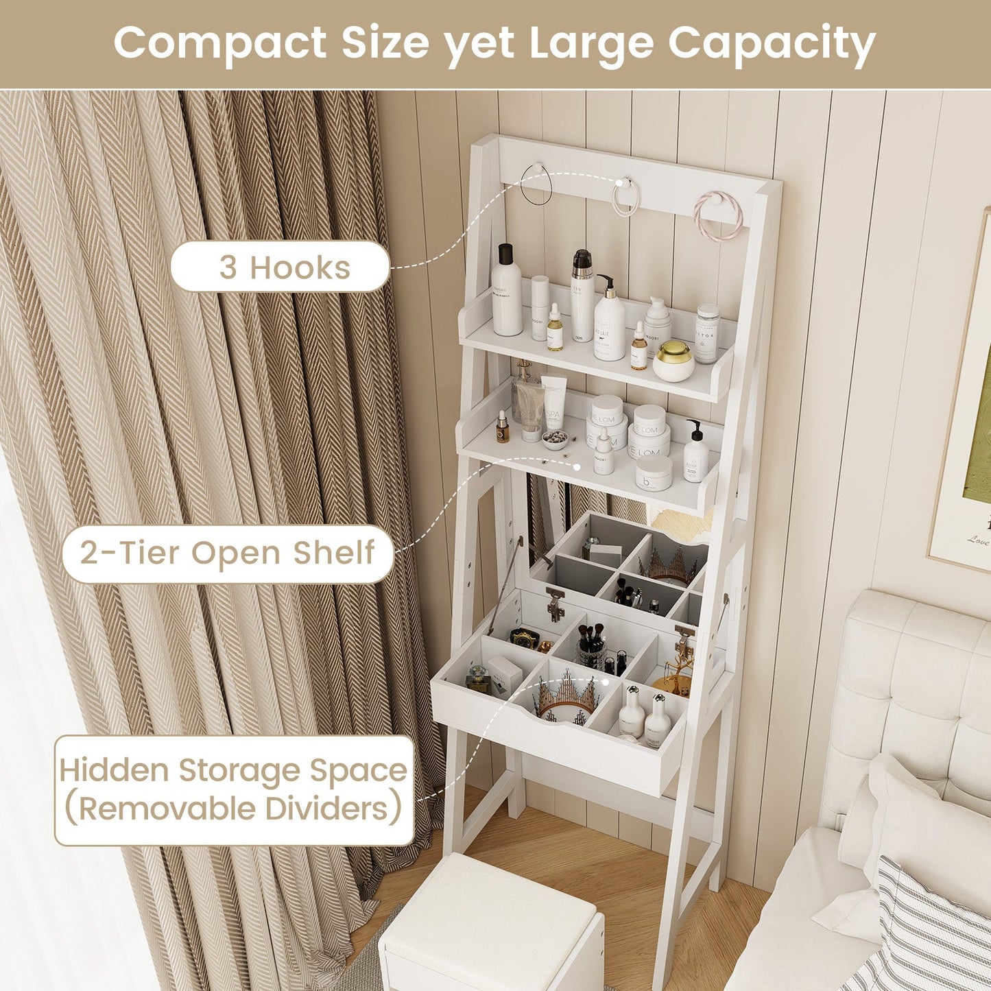 Vanity Desk Set with Flip Top Mirror  Hidden Storage Compartments and Cushioned Stool-White