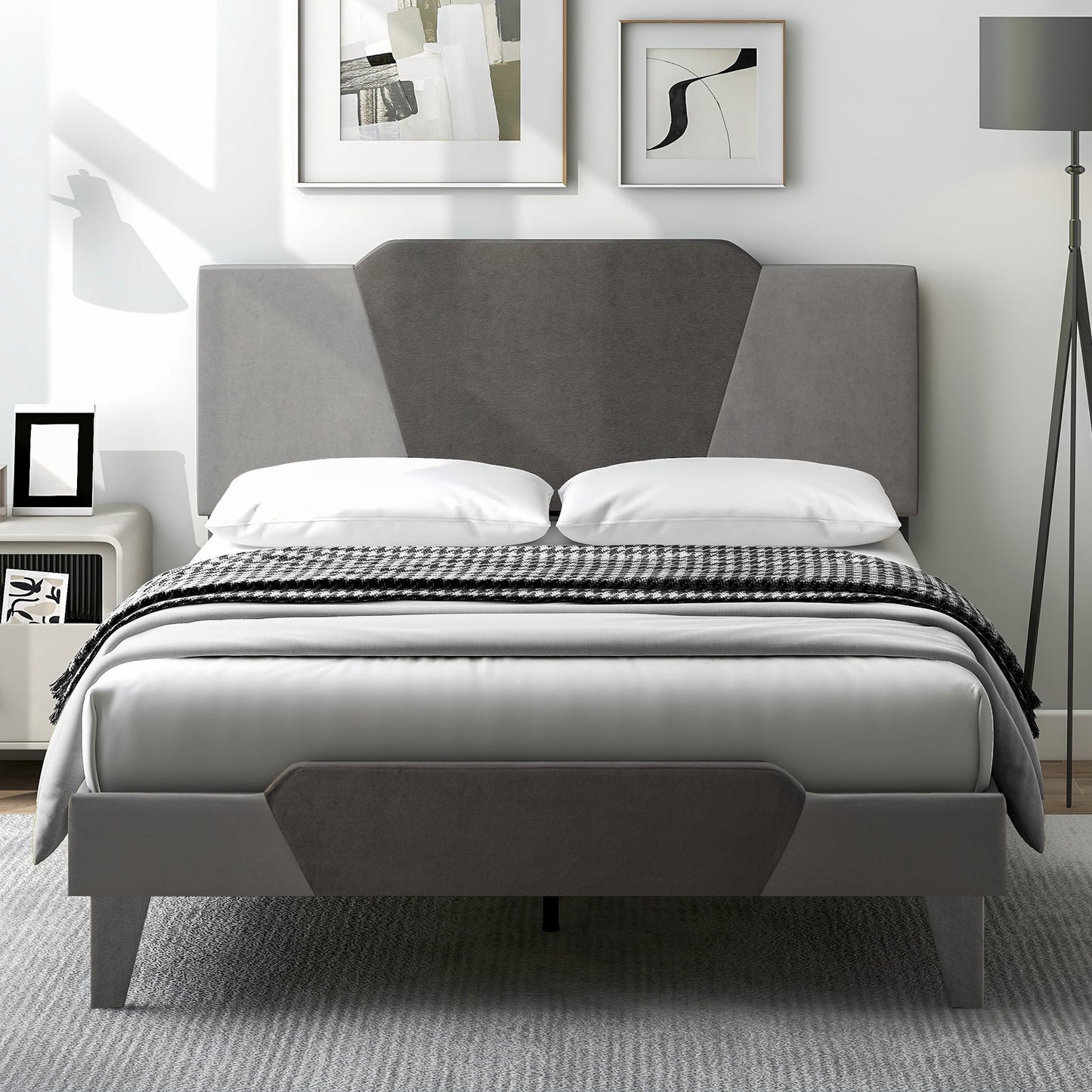 Full/Queen/Twin Velvet Upholstered Bed Frame with High Headboard