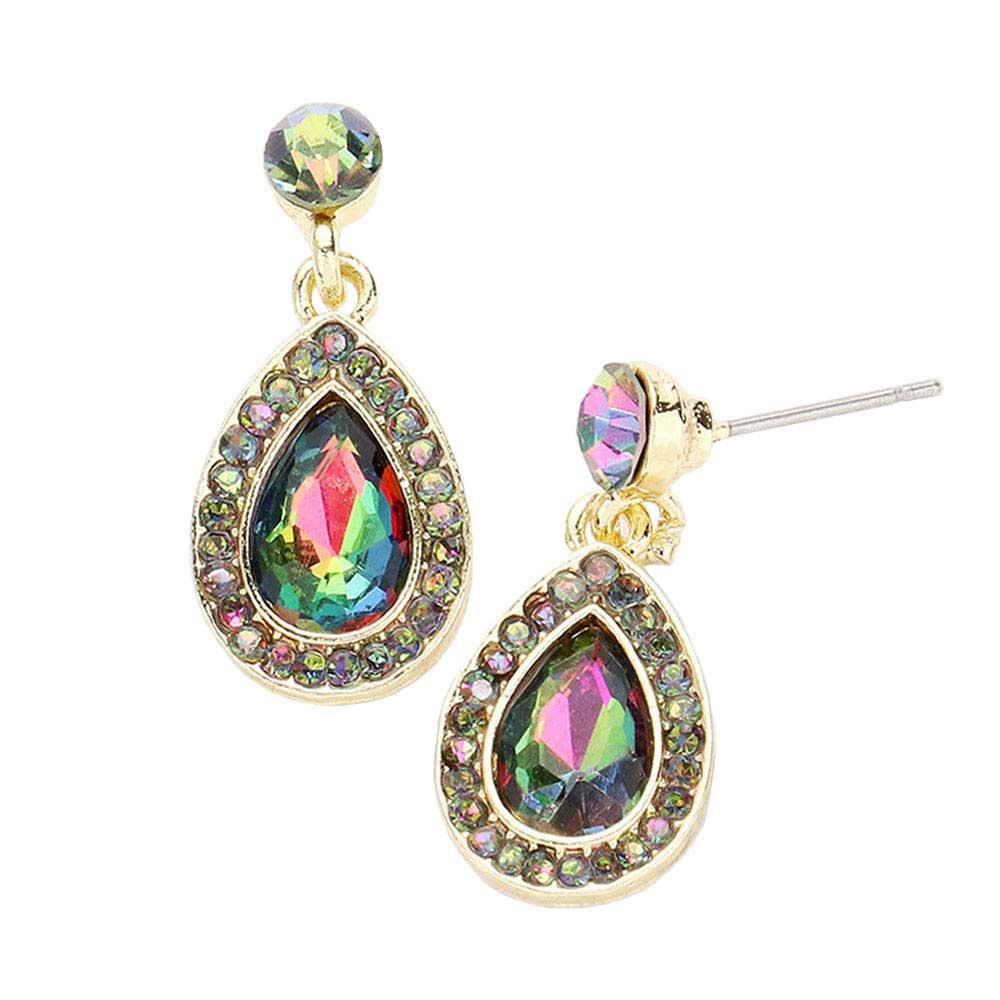 Rhinestone Trim Teardrop Stone Dangle Evening Earrings