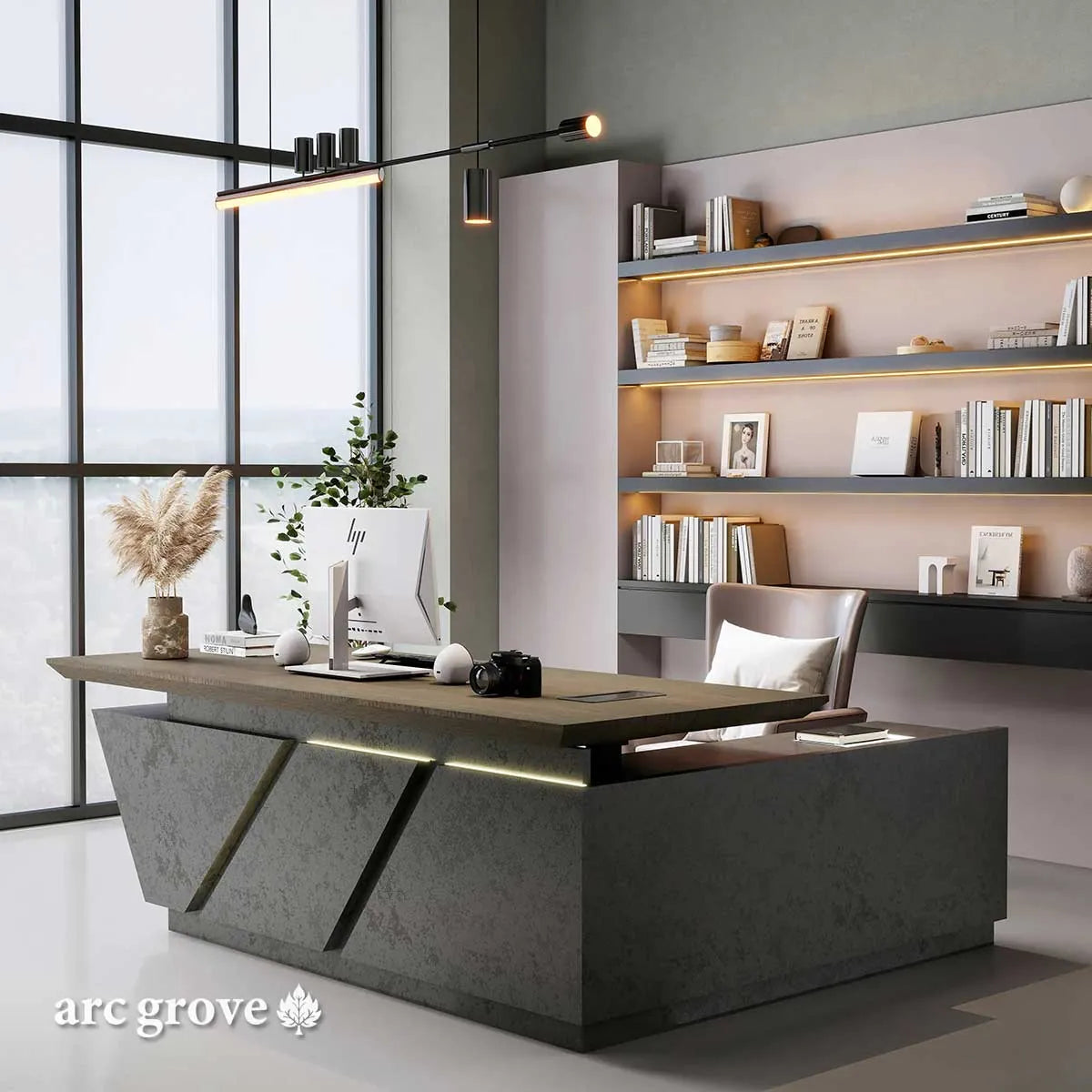 Maverick · Standing L-Shaped Executive Desk, Adjustable Height