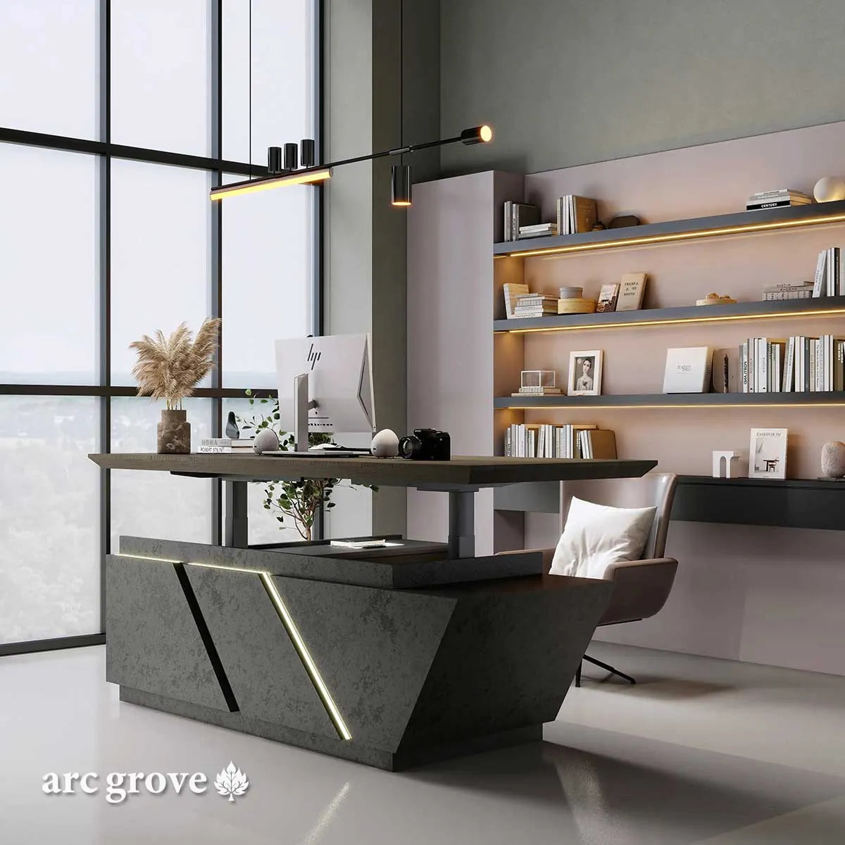 Maverick · Standing L-Shaped Executive Desk, Adjustable Height