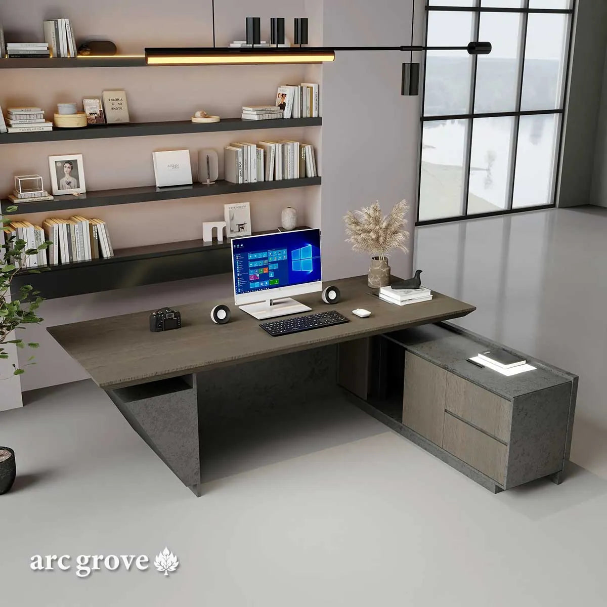 Maverick · Standing L-Shaped Executive Desk, Adjustable Height