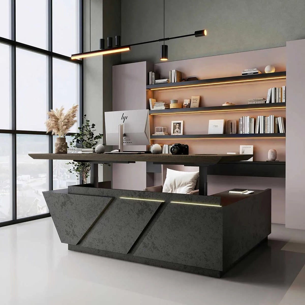 Maverick · Standing L-Shaped Executive Desk, Adjustable Height