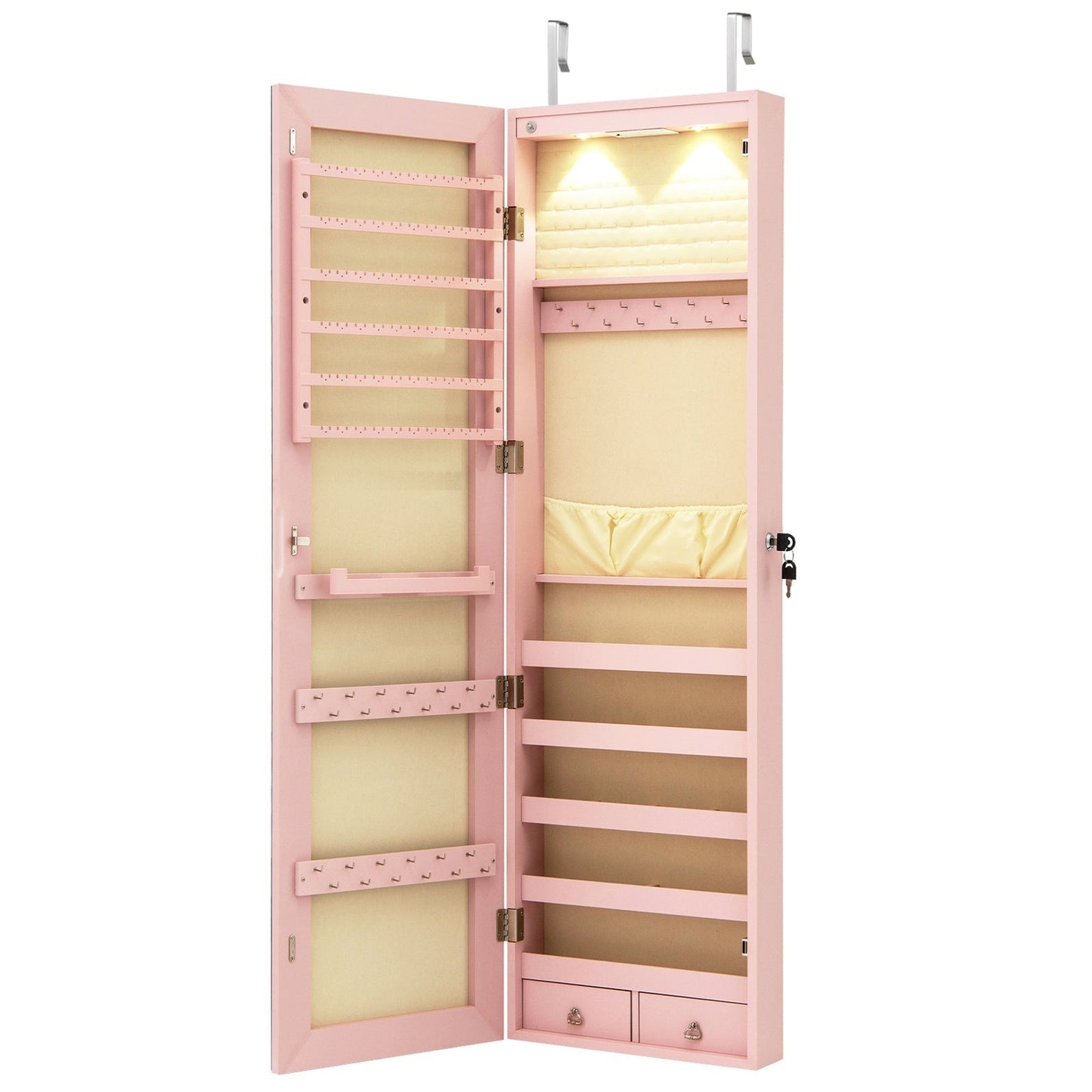 Wall and Door Mounted Mirrored Jewelry Cabinet with Lights
