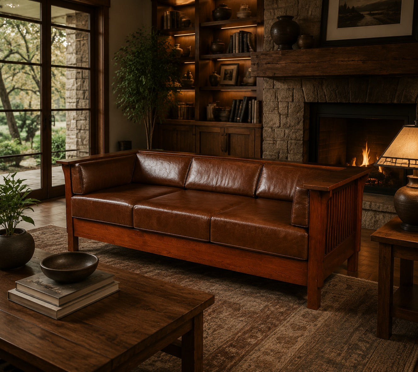 Mission / Craftsman Cubic Slat Side Sofa - Chestnut Brown Leather