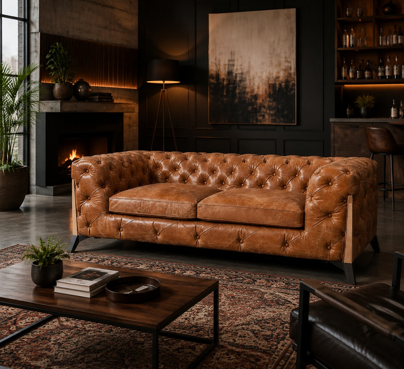 Olivia Contemporary Tufted Chesterfield Sofa - Light Brown Leather