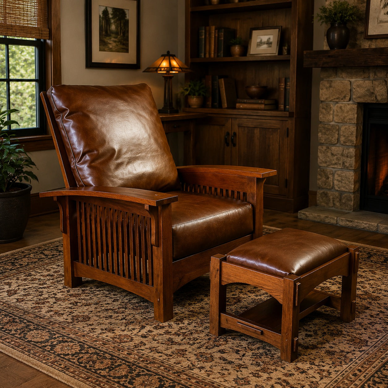 Craftsman / Mission Morris Arm Chair and Ottoman Set - Chestnut