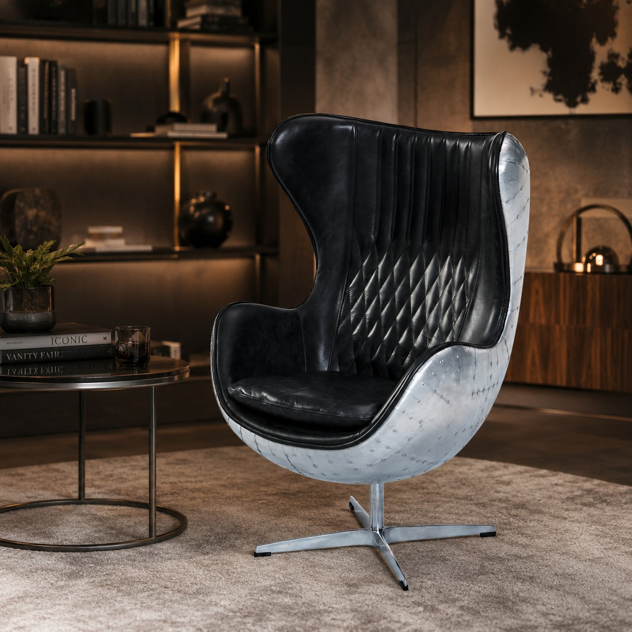 Cruz Modern Egg Chair - Slate Leather and Metal Spitfire Shell