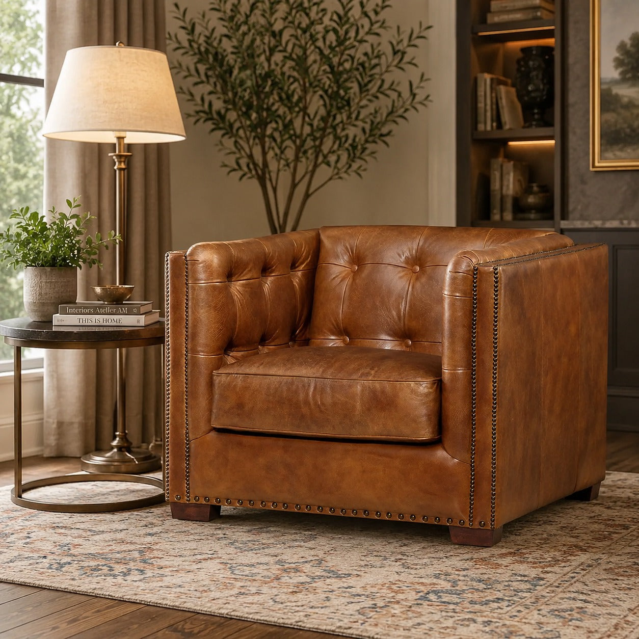 Tuxedo Leather Arm Chair - Light Brown