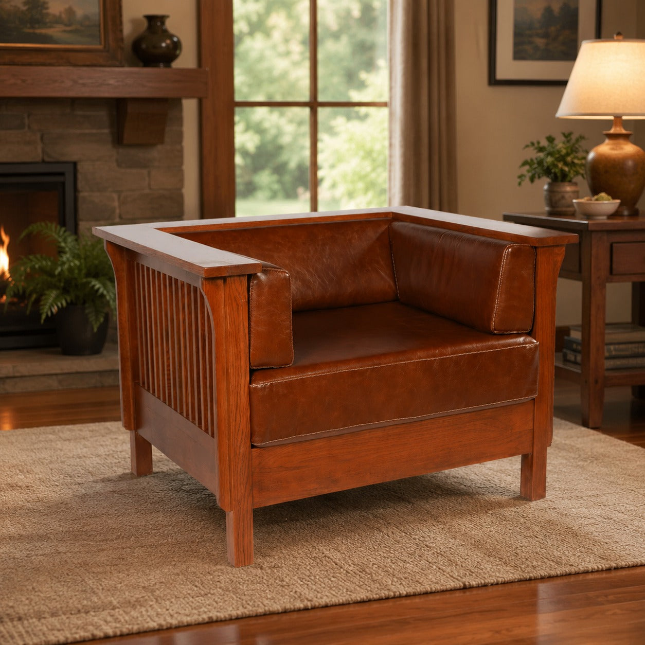 Arts and Crafts / Craftsman Cubic Slat Side Arm Chair - Chestnut Brown Leather