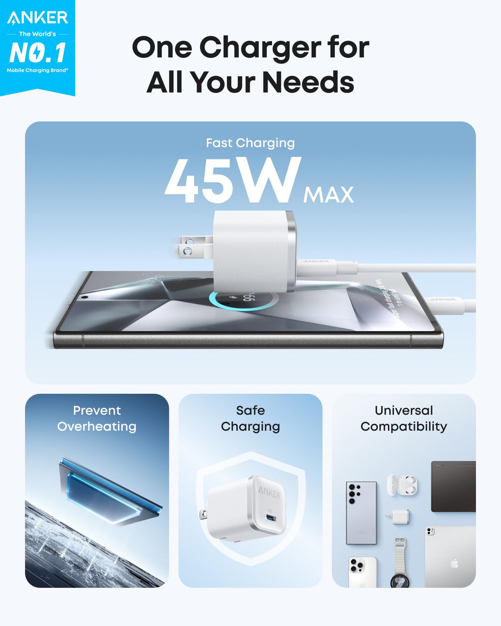 Chargeur Anker Nano (45W) avec câble USB-C vers USB-C
