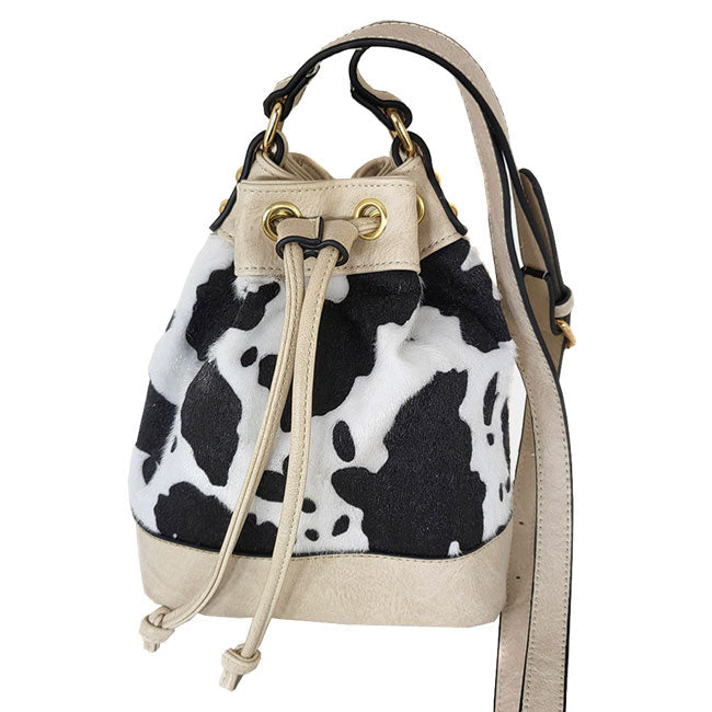 Cow Patterned Faux Leather Drawstring Crossbody Bag