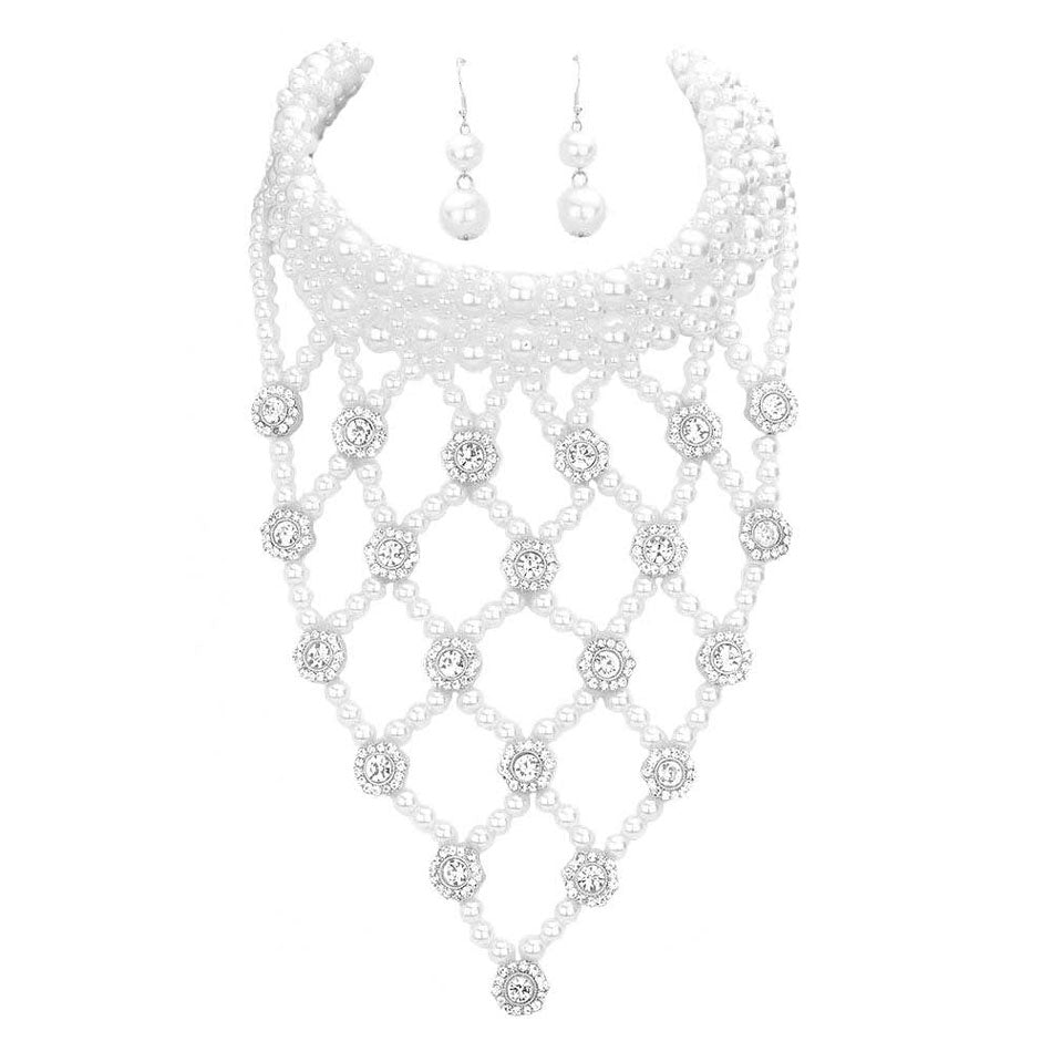 Flower Stone Embellished Pearl Statement Necklace
