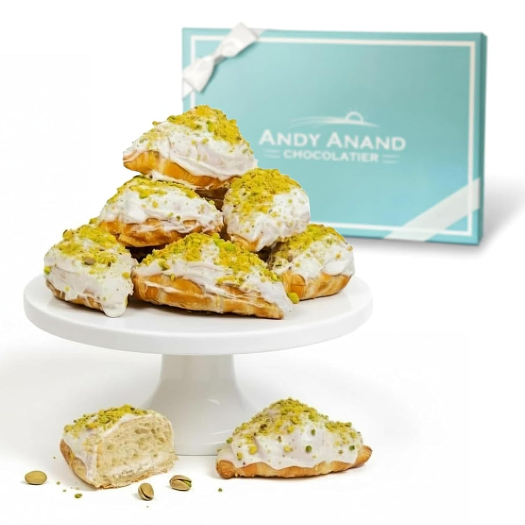 Andy Anand White Chocolate Pistachio Croissant Cake, 10 pc, 2 lb – Hand-Rolled French Butter Croissants, Gourmet Birthday Gift Box