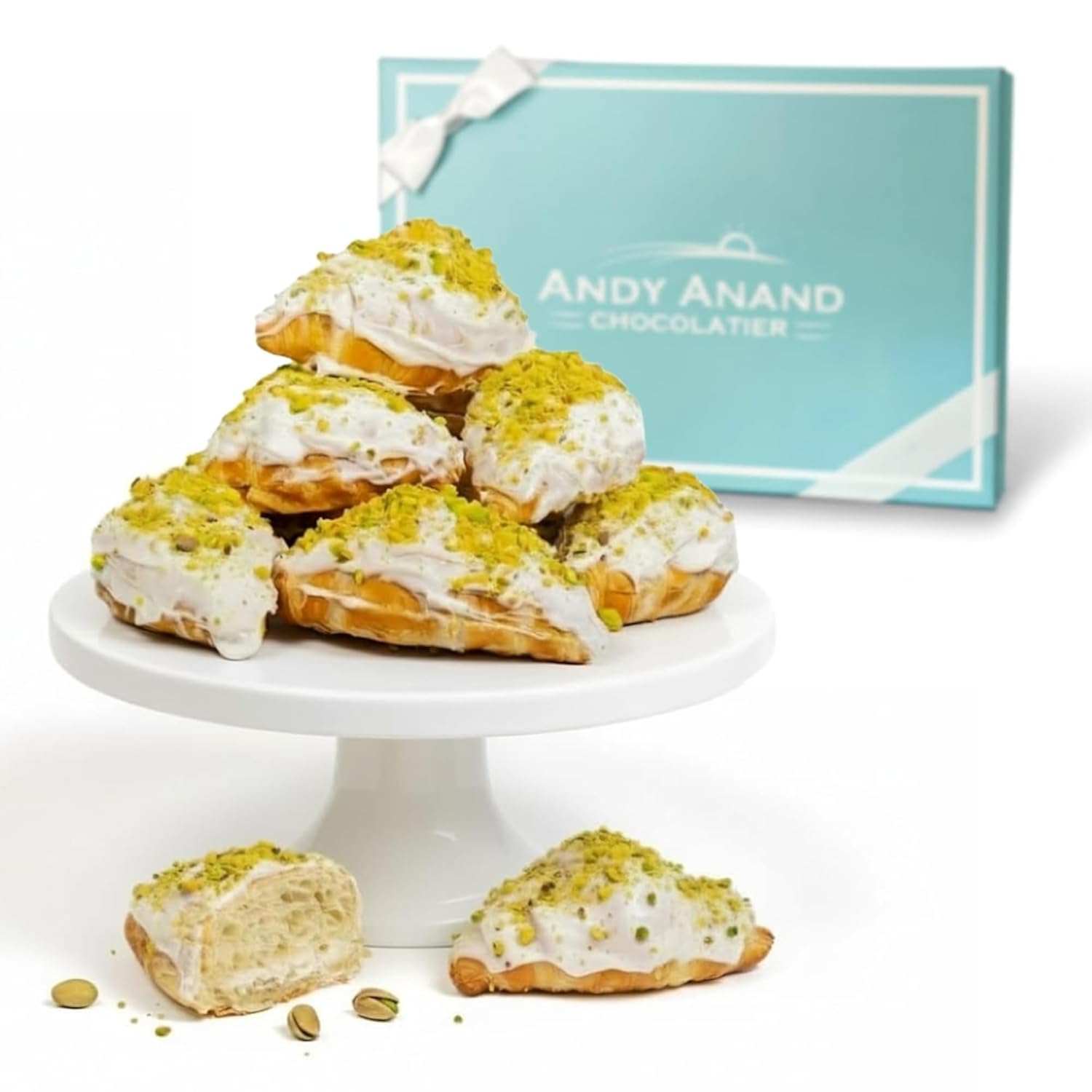 Andy Anand White Chocolate Pistachio Croissant Cake, 10 pc, 2 lb – Hand-Rolled French Butter Croissants, Gourmet Birthday Gift Box