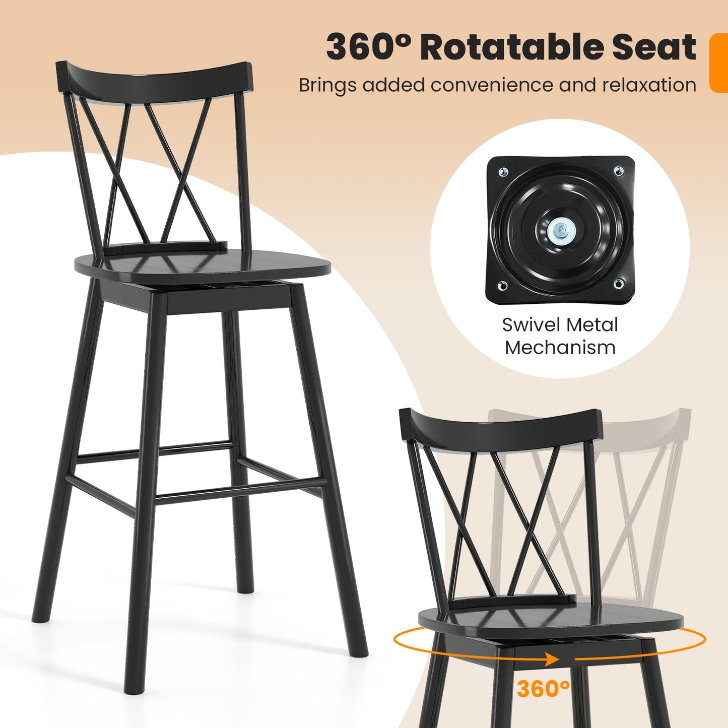 Set of 2 Windsor Bar Stool with Ergonomic Backrest and Footrests