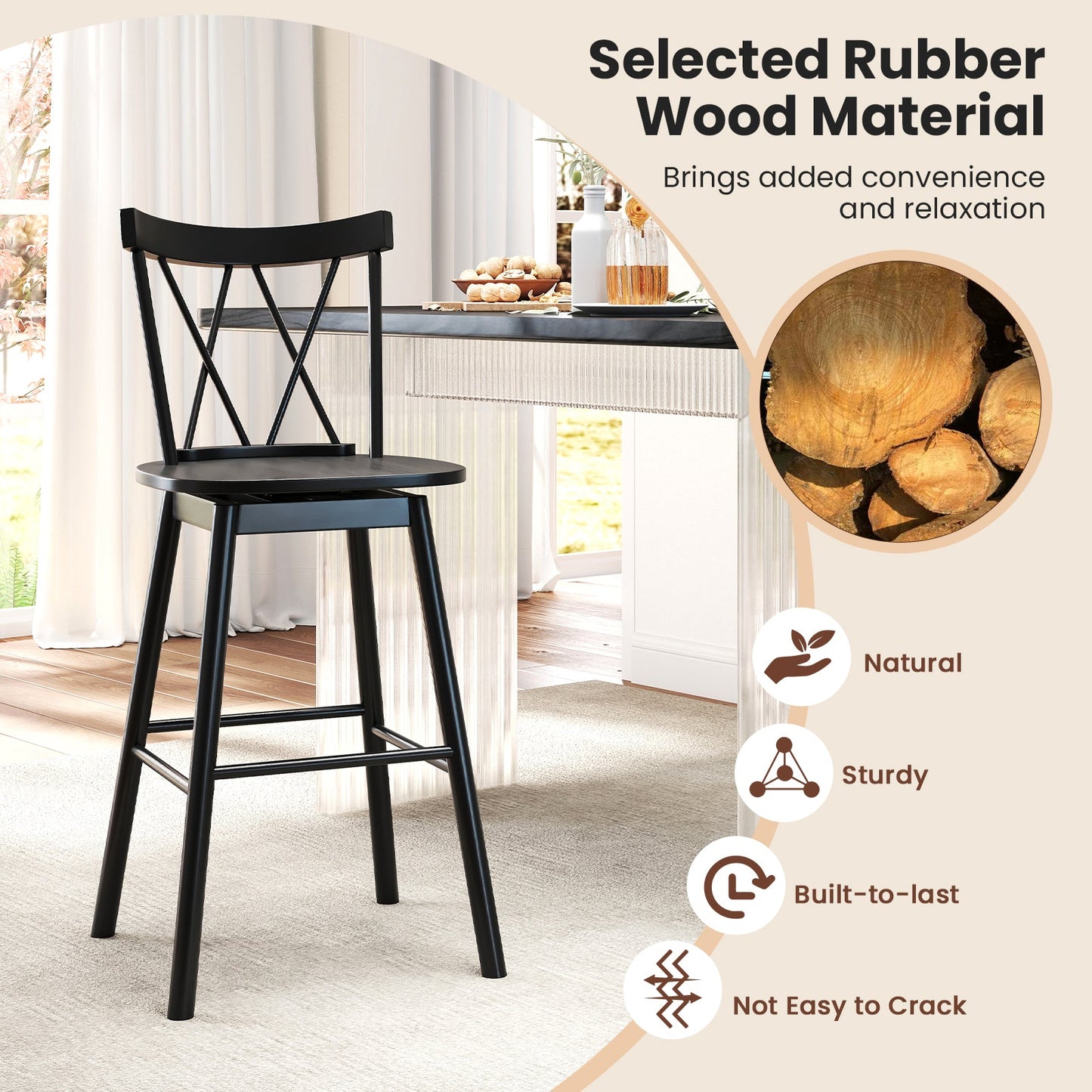 Set of 2 Windsor Bar Stool with Ergonomic Backrest and Footrests