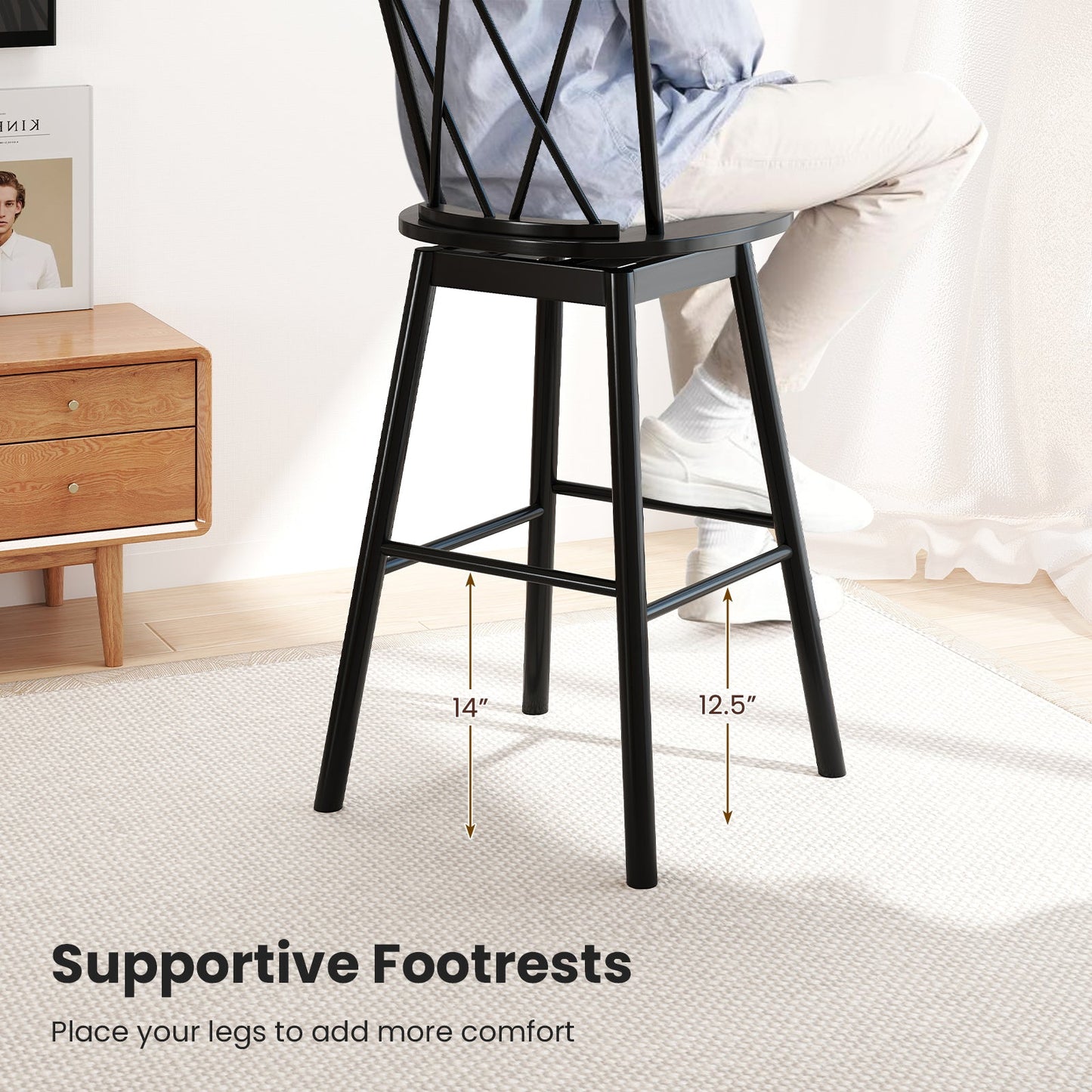 Set of 2 Windsor Bar Stool with Ergonomic Backrest and Footrests