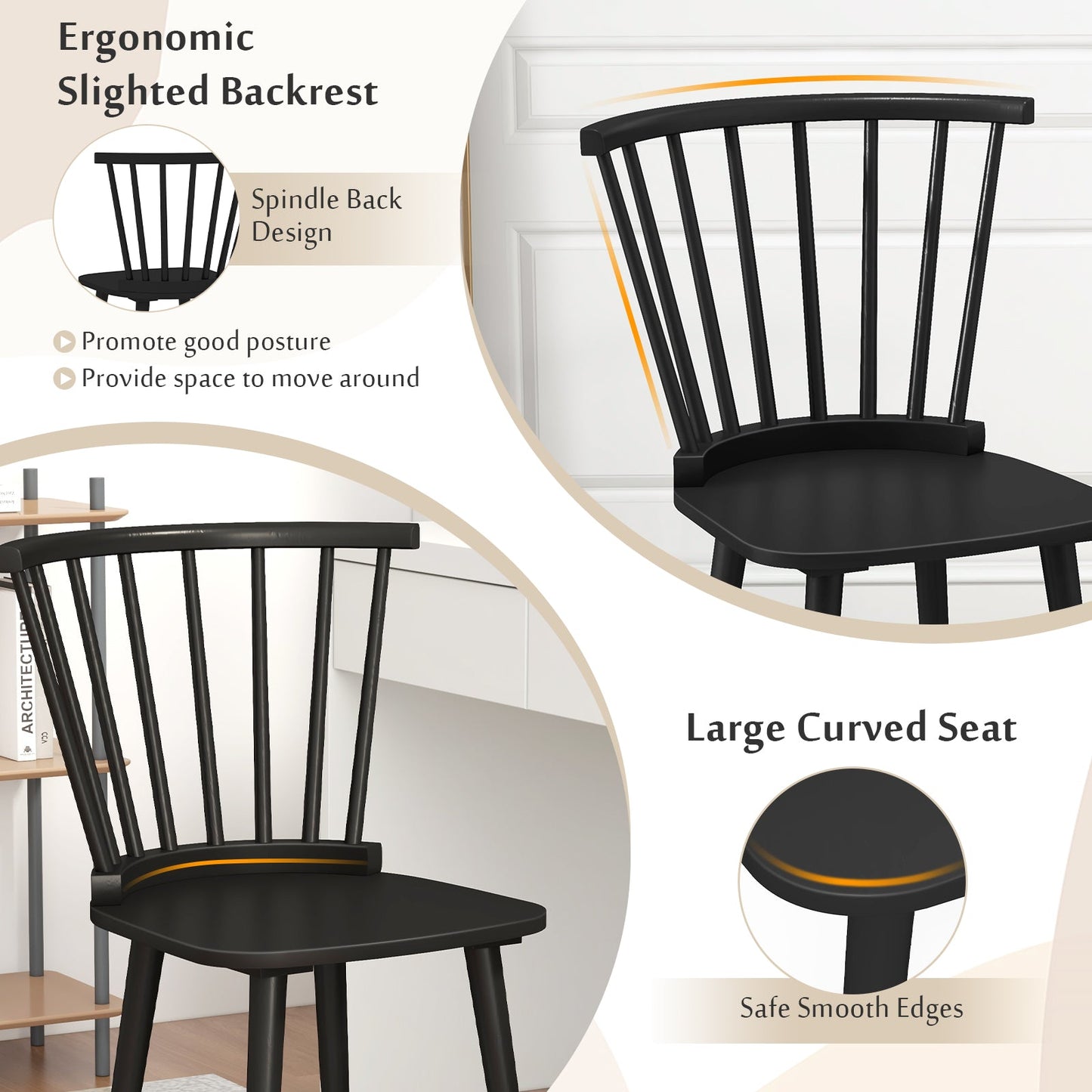 Windsor Dining Chairs Set of 2 Rubber Wood Kitchen Chairs with Spindle Back