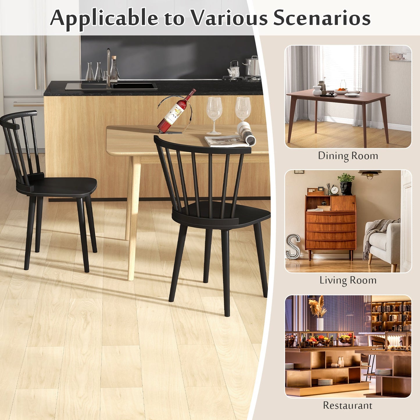 Windsor Dining Chairs Set of 2 Rubber Wood Kitchen Chairs with Spindle Back