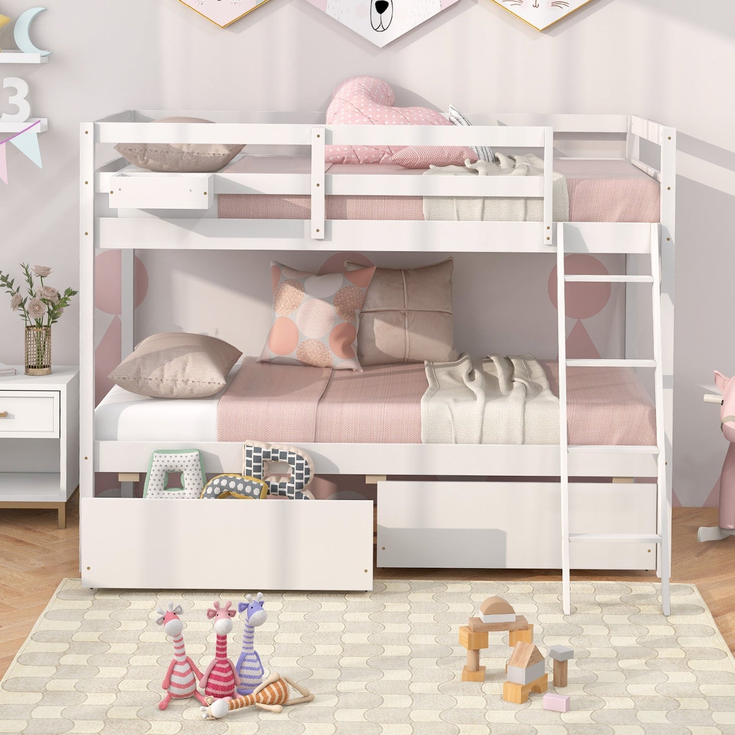 Twin Over Twin Bunk Bed Wood Bed Frame with 2 Storage Drawers and Ladder