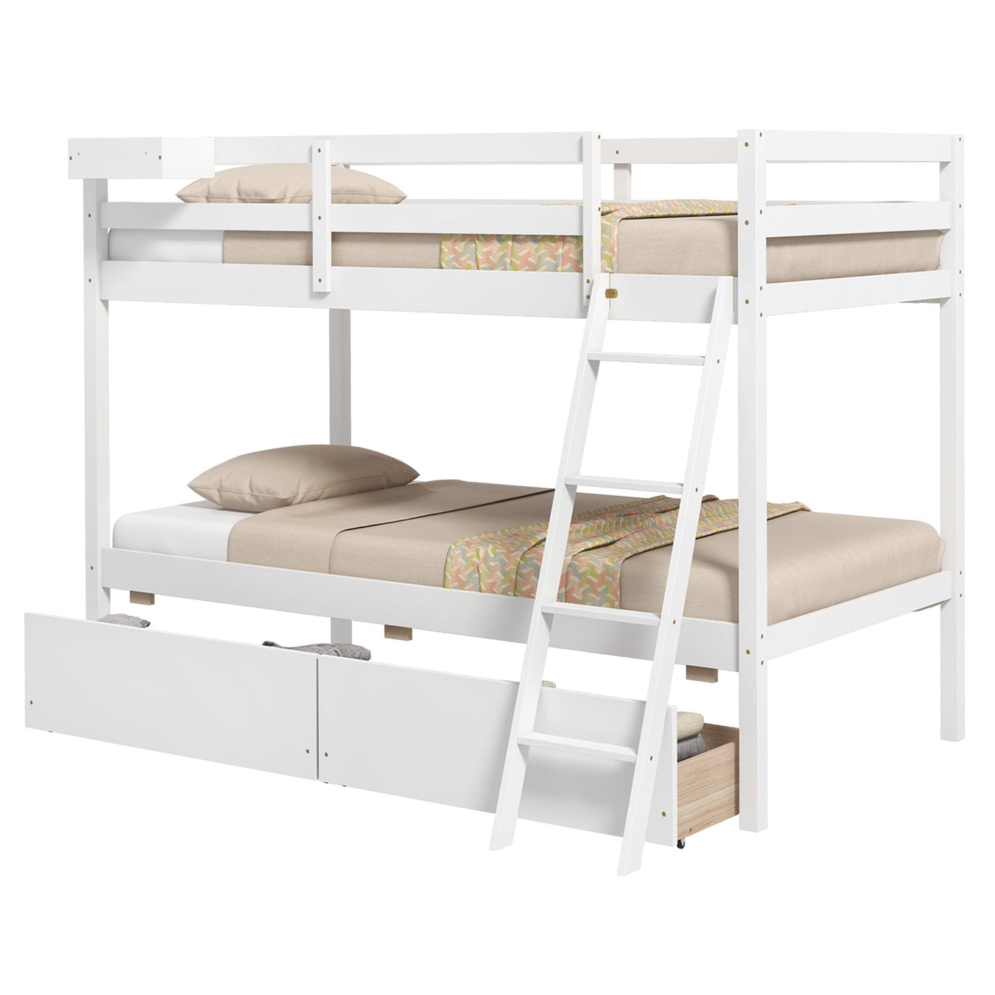 Twin Over Twin Bunk Bed Wood Bed Frame with 2 Storage Drawers and Ladder