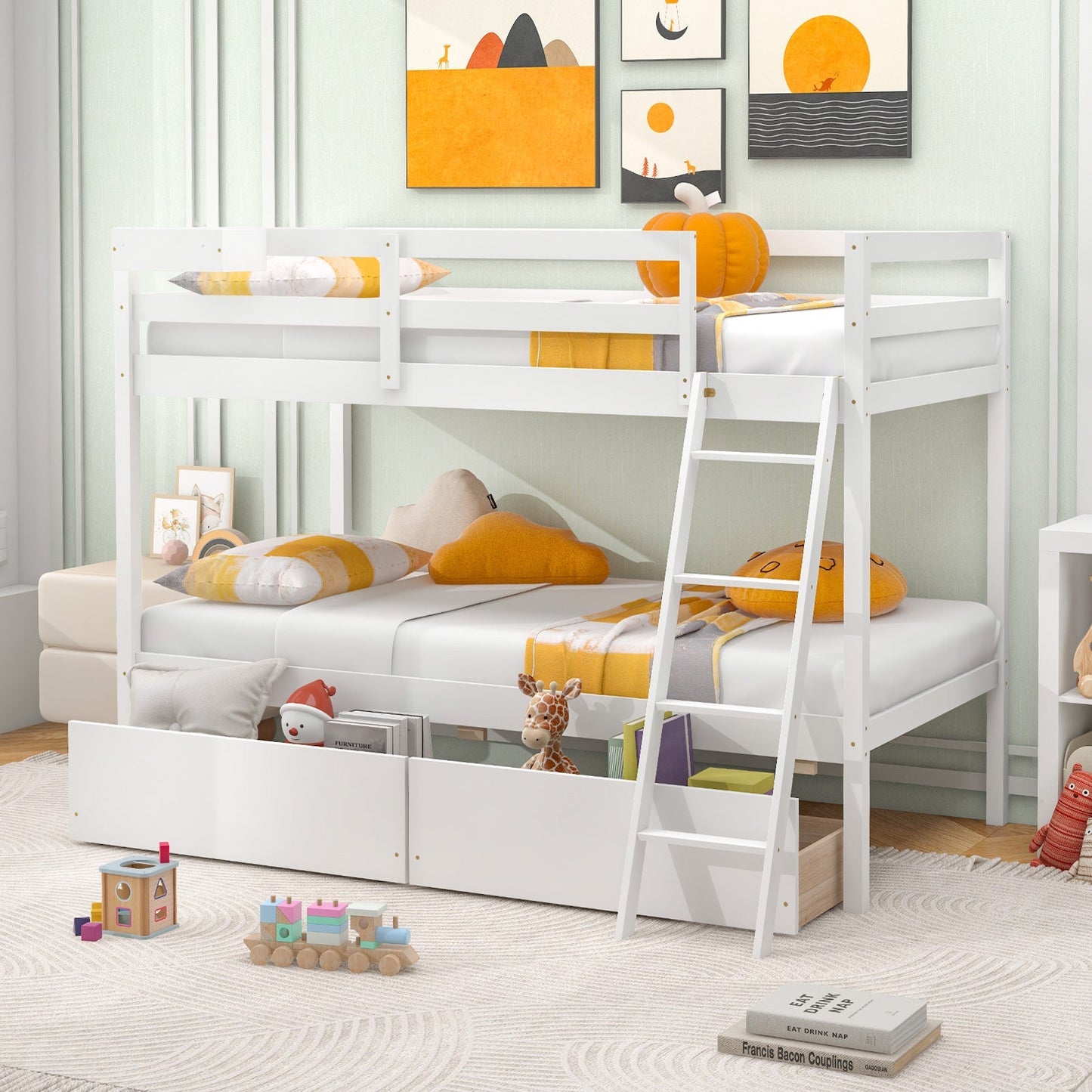 Twin Over Twin Bunk Bed Wood Bed Frame with 2 Storage Drawers and Ladder