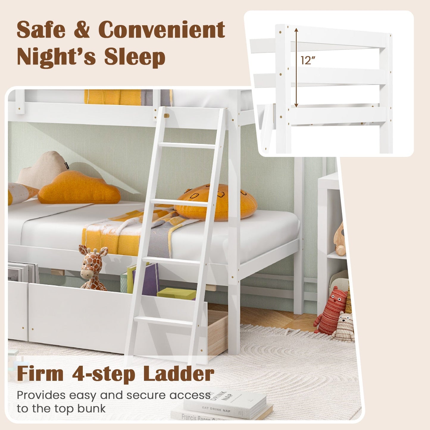 Twin Over Twin Bunk Bed Wood Bed Frame with 2 Storage Drawers and Ladder