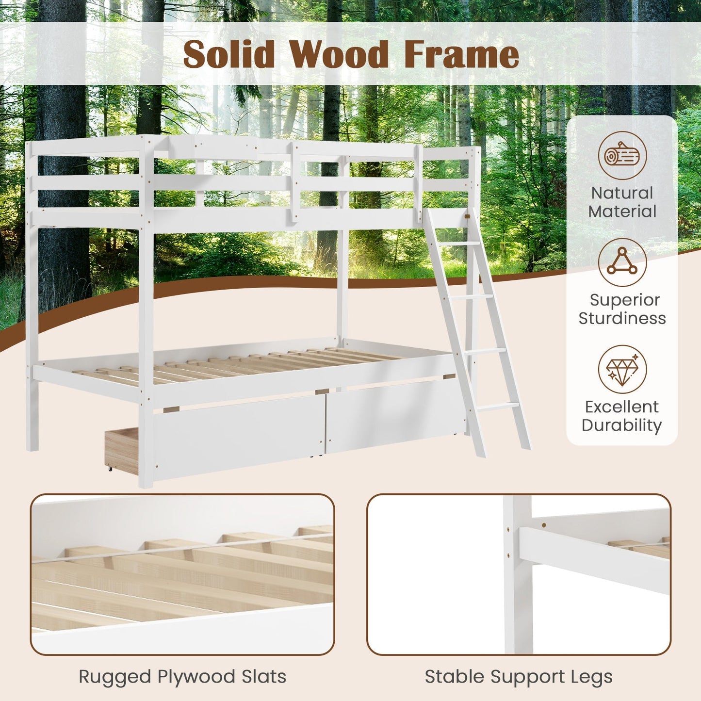 Twin Over Twin Bunk Bed Wood Bed Frame with 2 Storage Drawers and Ladder