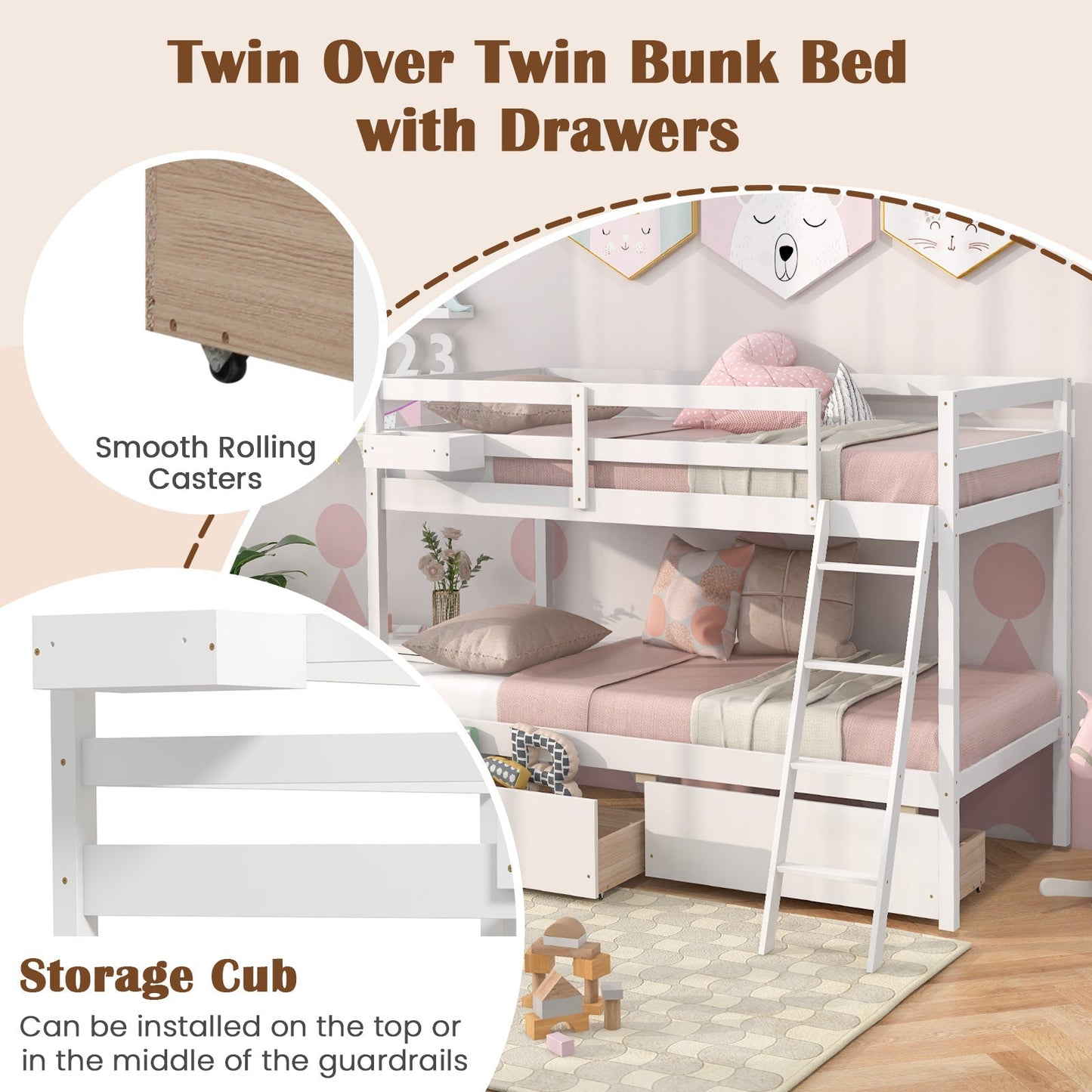 Twin Over Twin Bunk Bed Wood Bed Frame with 2 Storage Drawers and Ladder