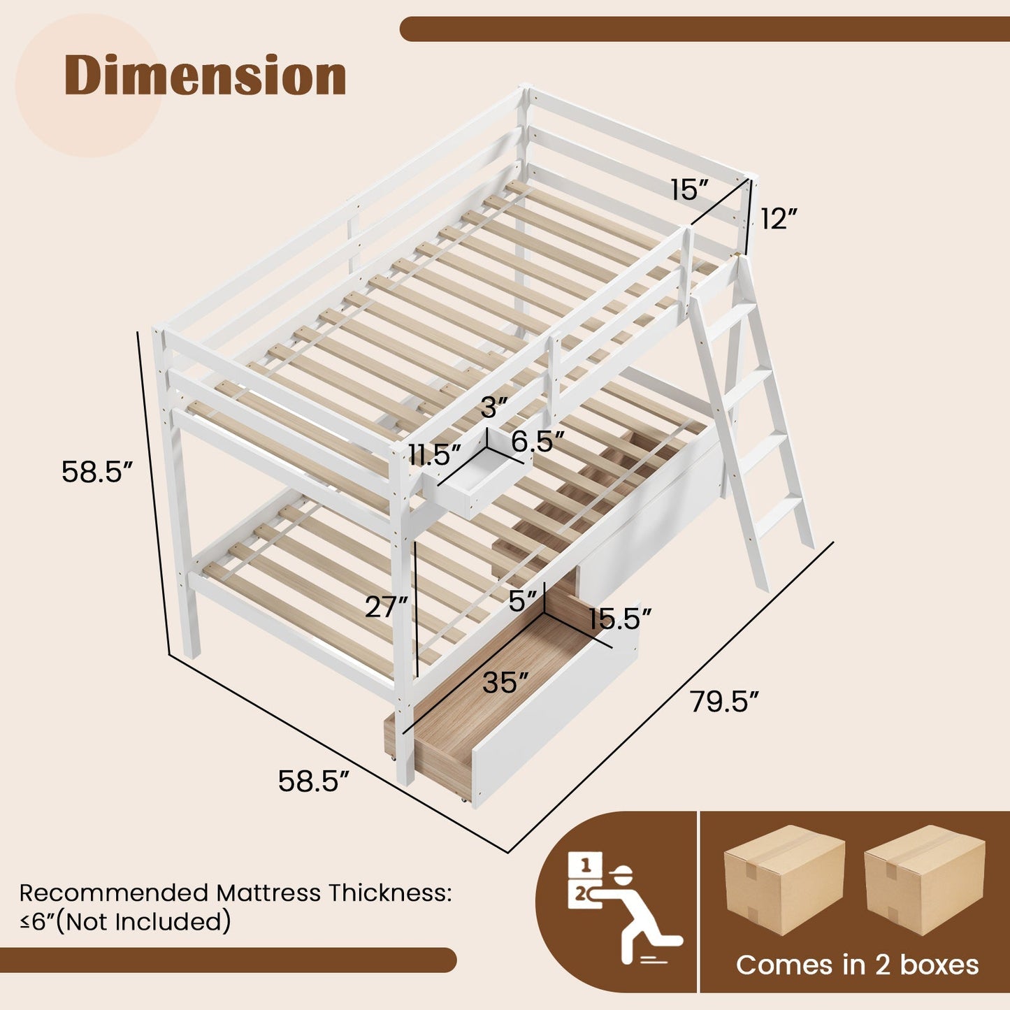 Twin Over Twin Bunk Bed Wood Bed Frame with 2 Storage Drawers and Ladder