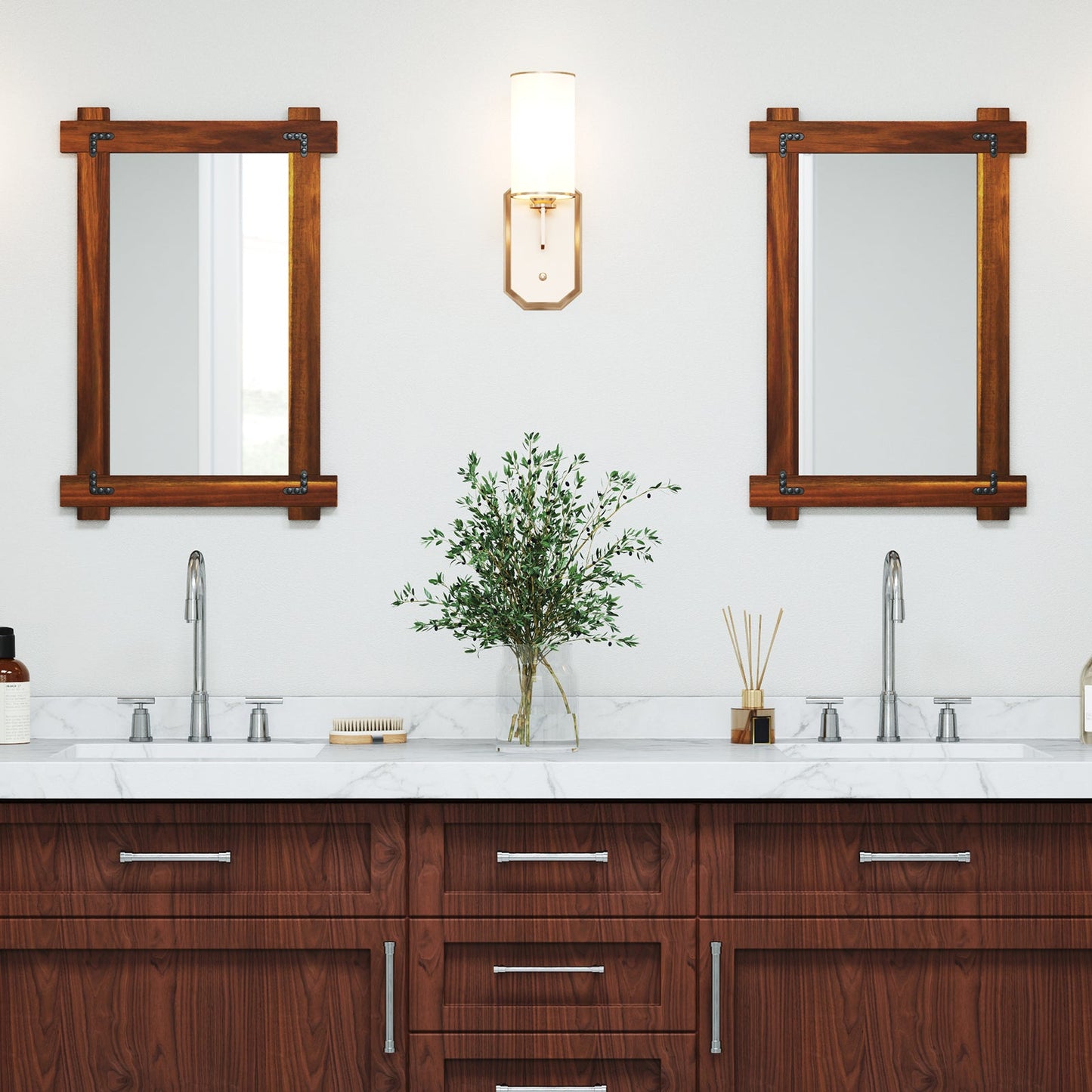 Wood Framed Mirror with Acacia Wood Frame and Vintage Rivet Design Brown