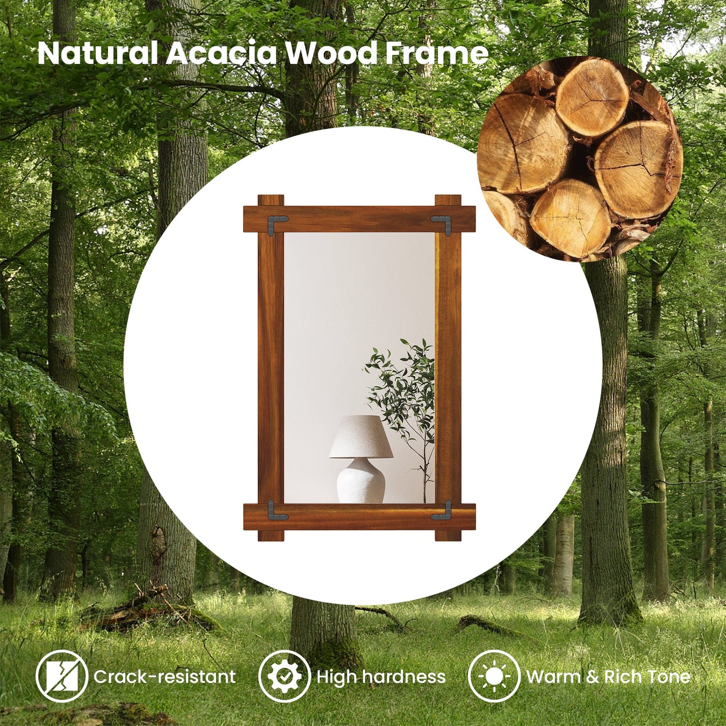 Wood Framed Mirror with Acacia Wood Frame and Vintage Rivet Design Brown
