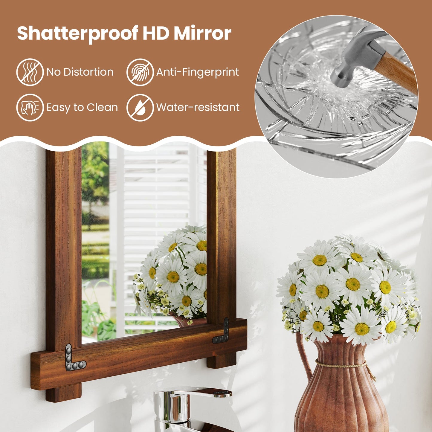 Wood Framed Mirror with Acacia Wood Frame and Vintage Rivet Design Brown