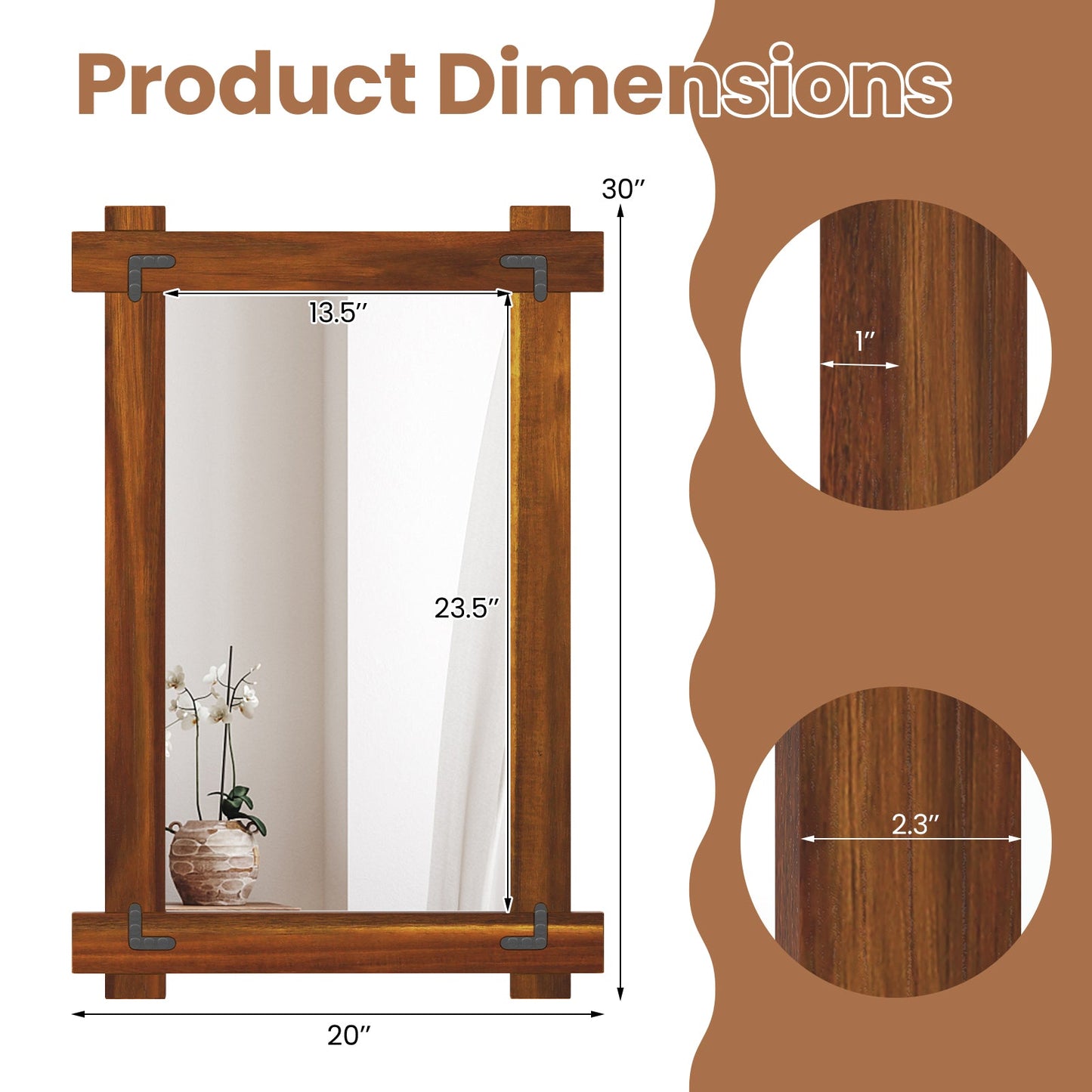Wood Framed Mirror with Acacia Wood Frame and Vintage Rivet Design Brown
