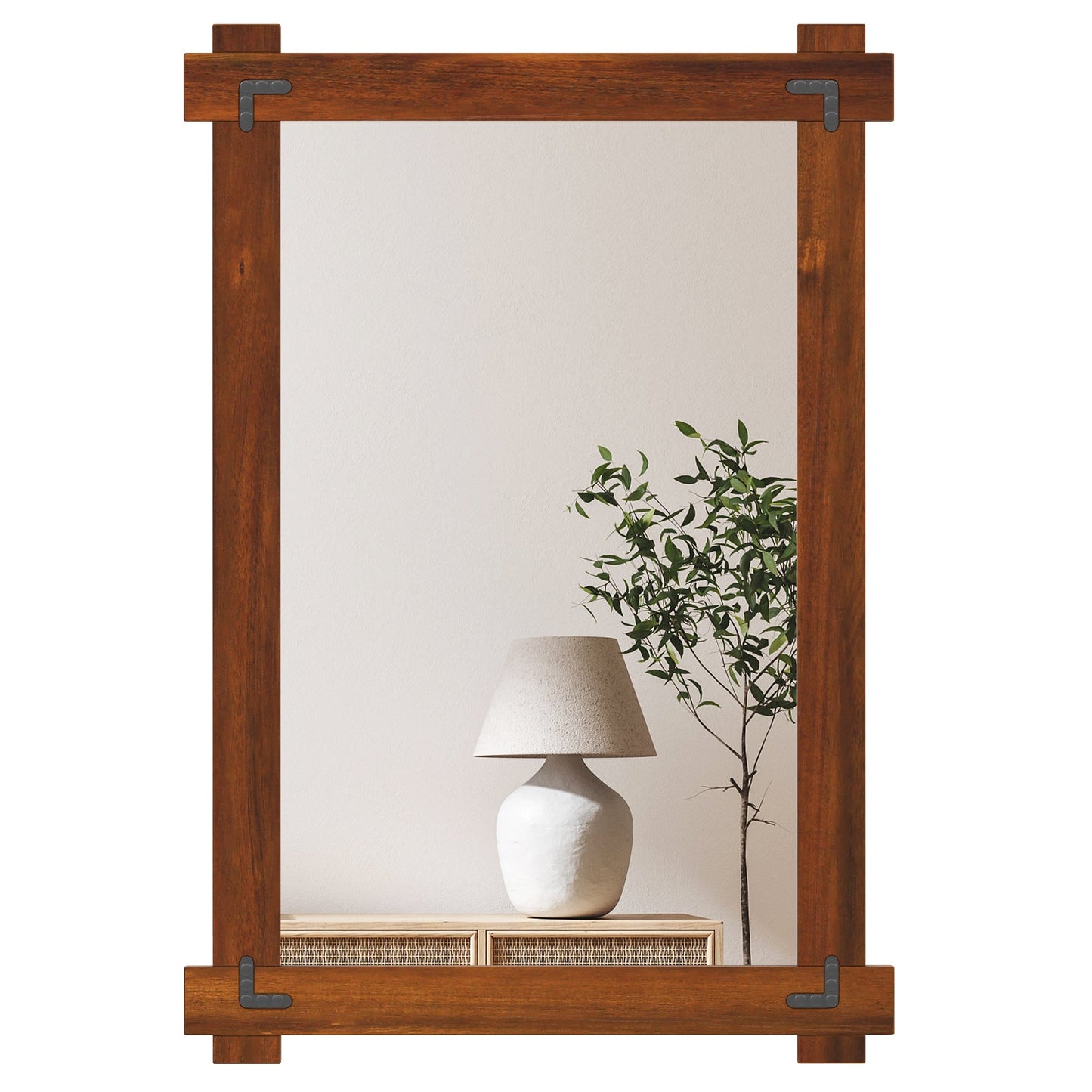 Wood Framed Mirror with Acacia Wood Frame and Vintage Rivet Design Brown