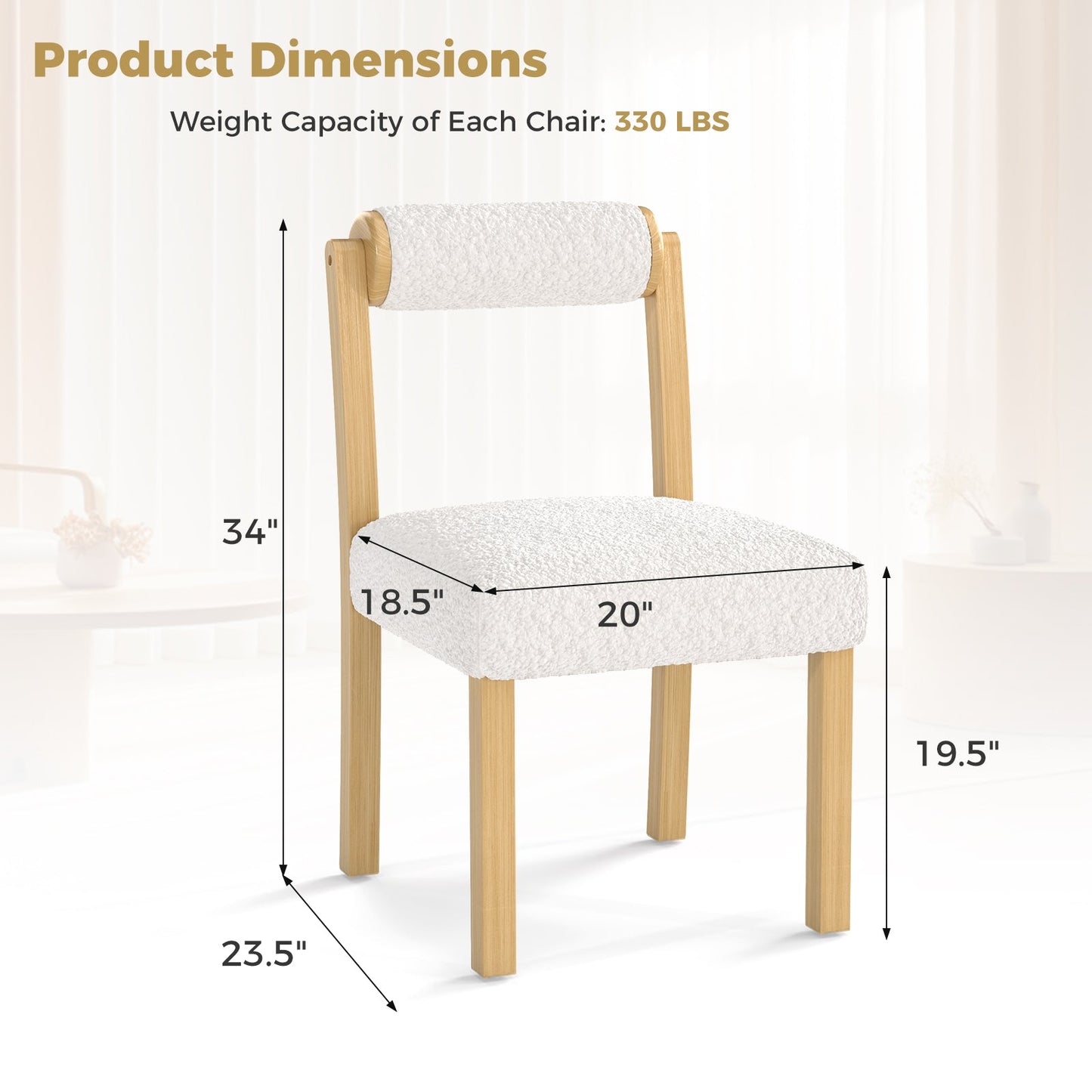 Wooden Dining Chair with Rubber Wood Frame and Cylinder Back Set of 2-White