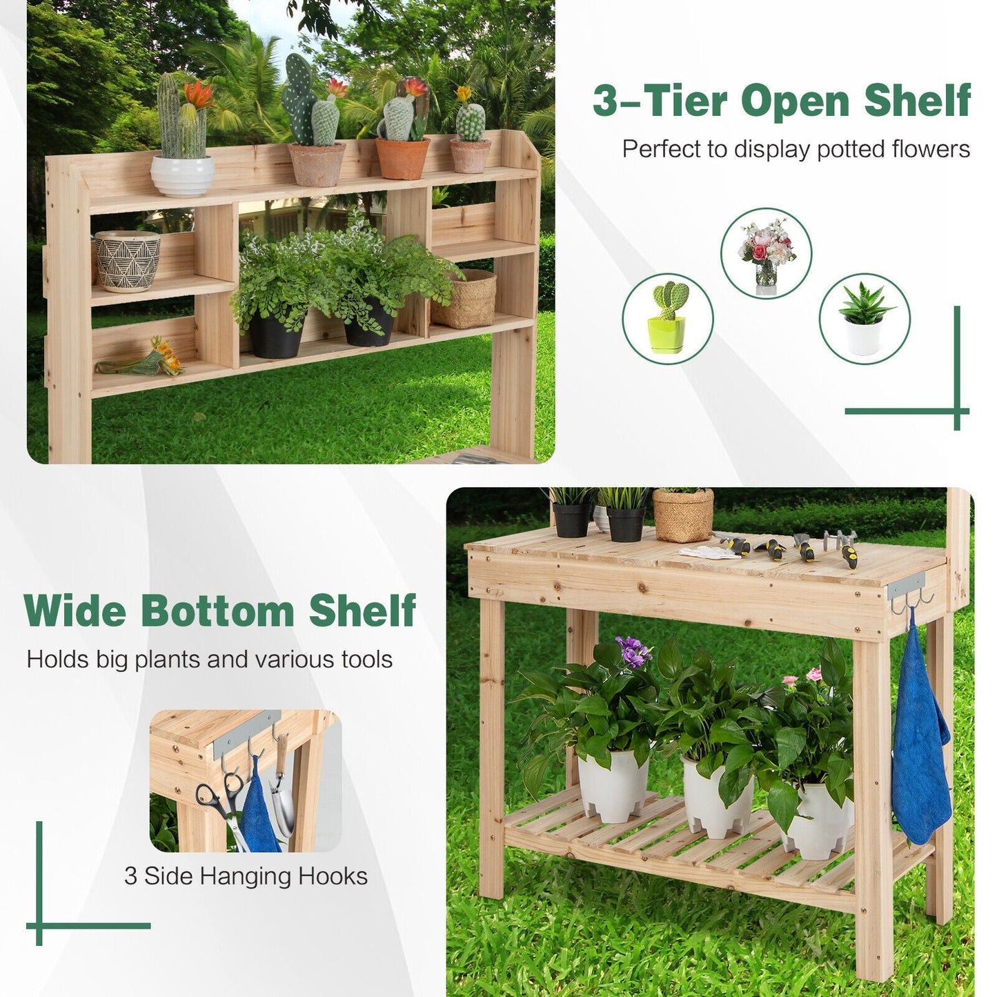 Large Garden Potting Bench Table with Display Rack and Hidden Sink-Natural