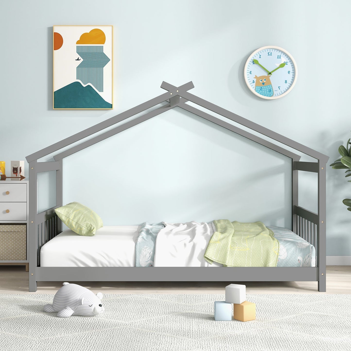 Twin Size Wooden House Bed with Roof