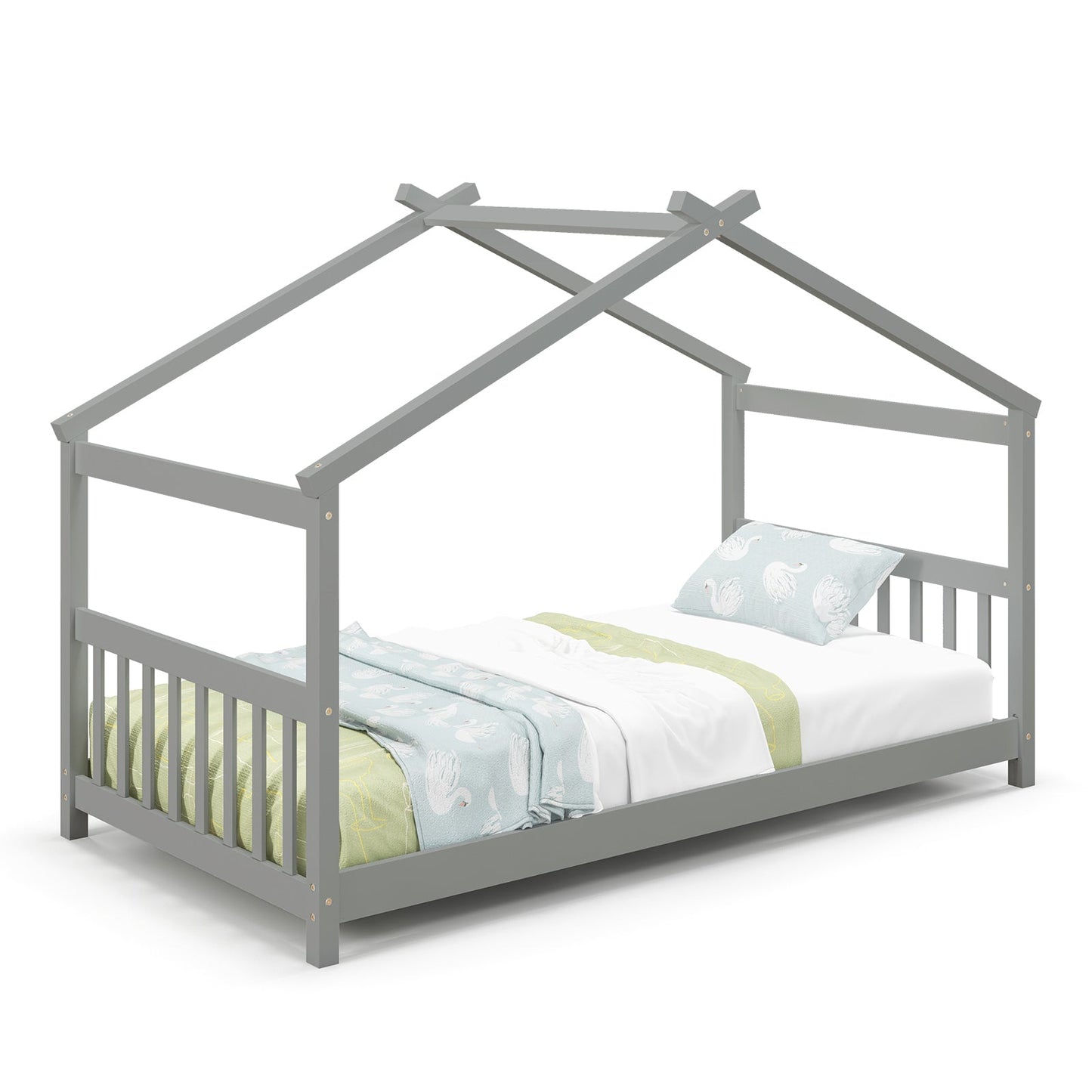 Twin Size Wooden House Bed with Roof