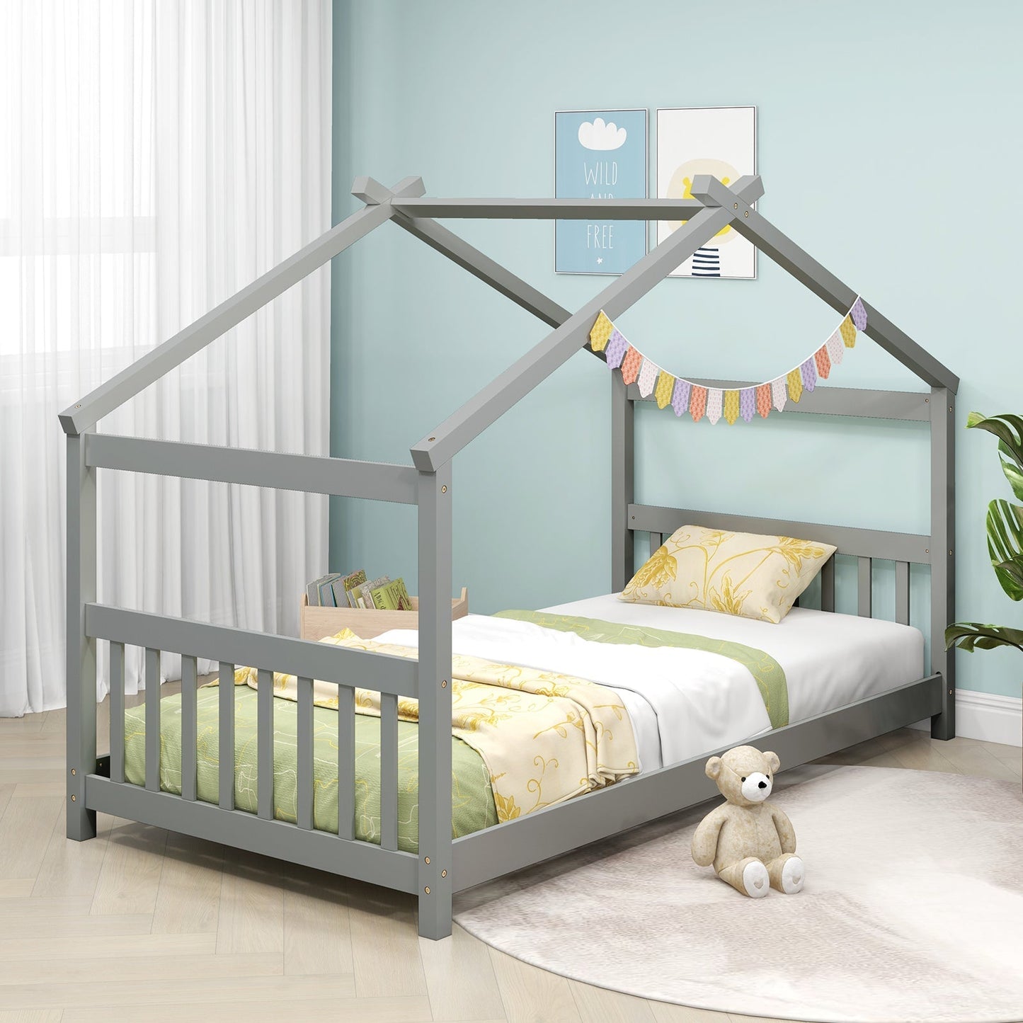 Twin Size Wooden House Bed with Roof
