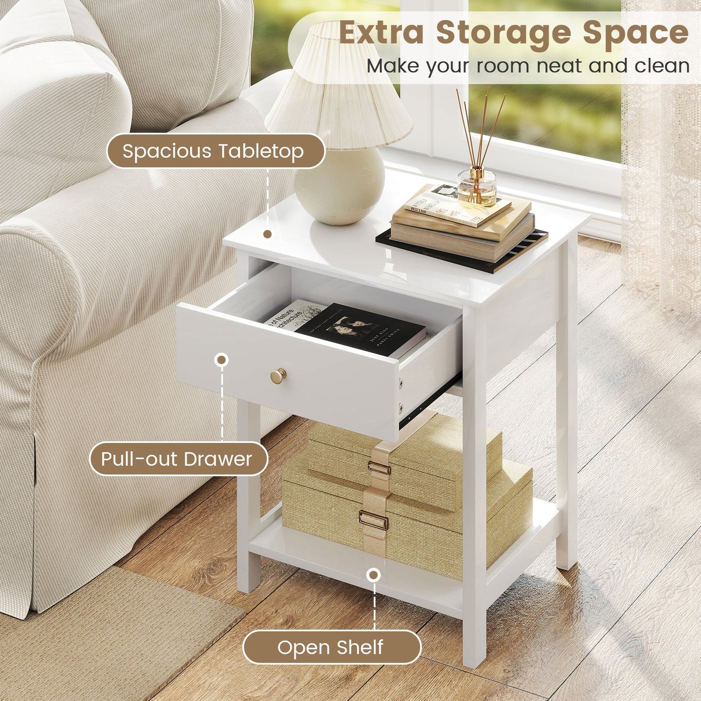 Wooden Storage Shelf with Drawer for Bedroom and Living Room