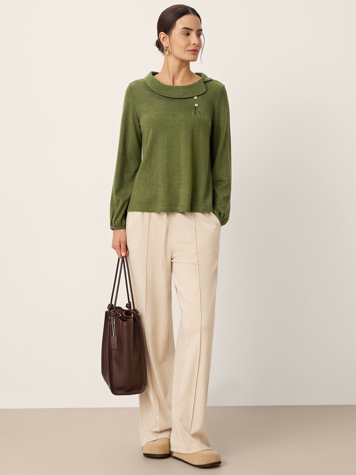 Wool Asymmetric Pleated Long-Sleeve Top ARLETTE