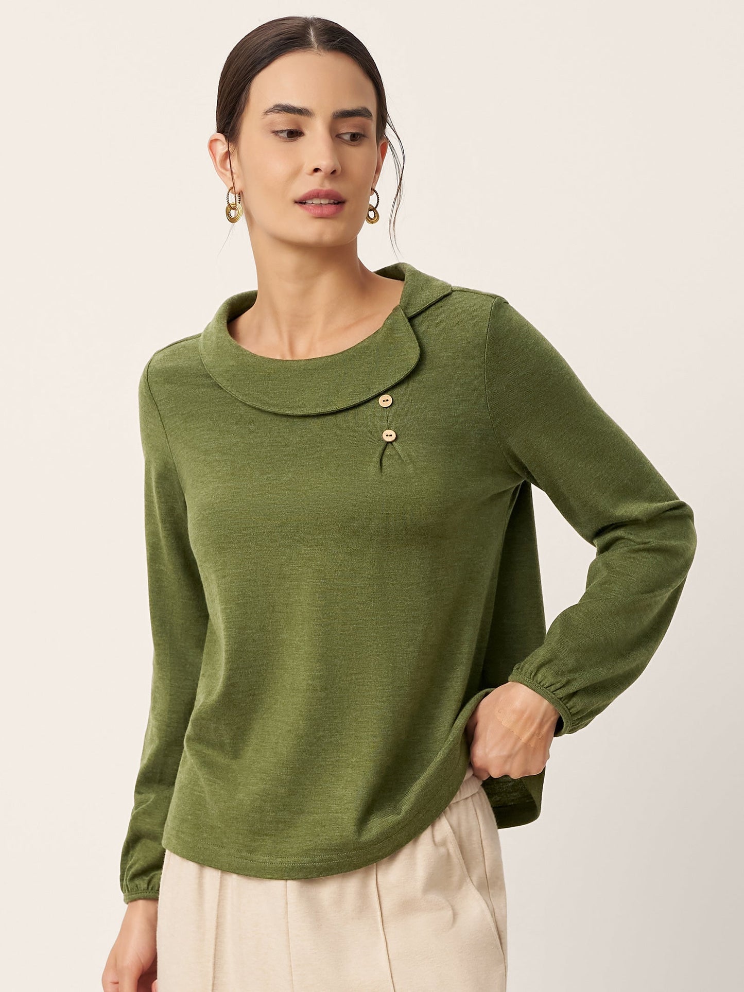 Wool Asymmetric Pleated Long-Sleeve Top ARLETTE