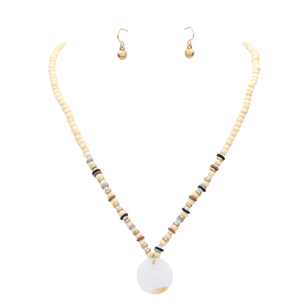 Wood Heishi Beaded Abalone Pendant Necklace