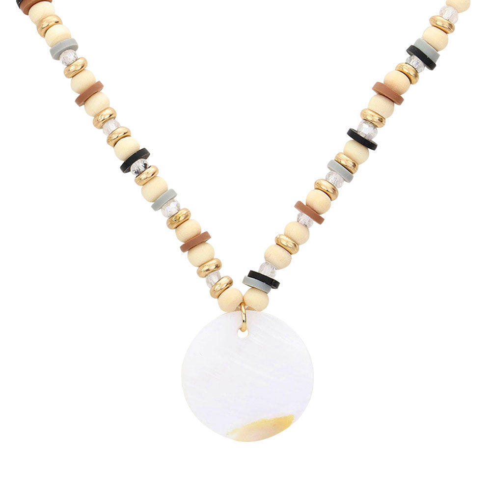 Wood Heishi Beaded Abalone Pendant Necklace