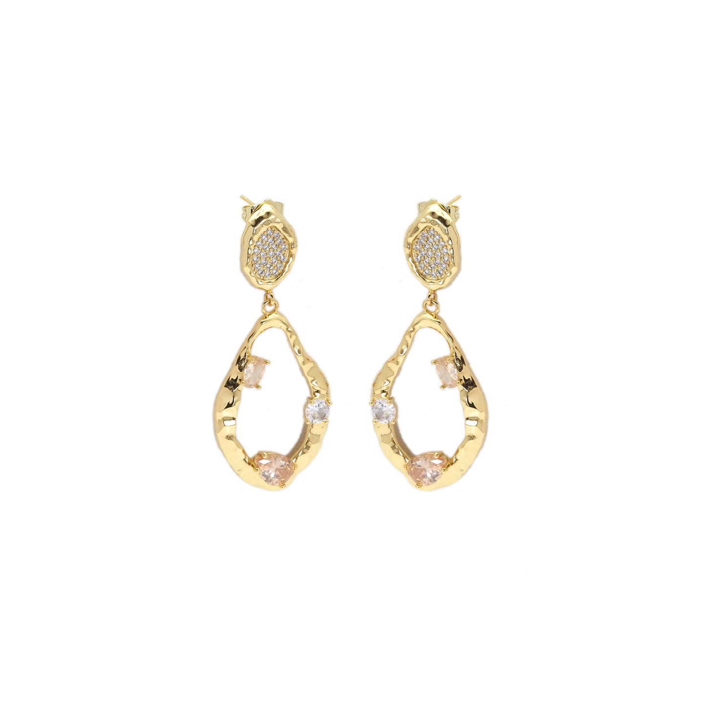 CZ Gold Irregular Oval Shape Dangle Stud Earrings, Sku#Y856