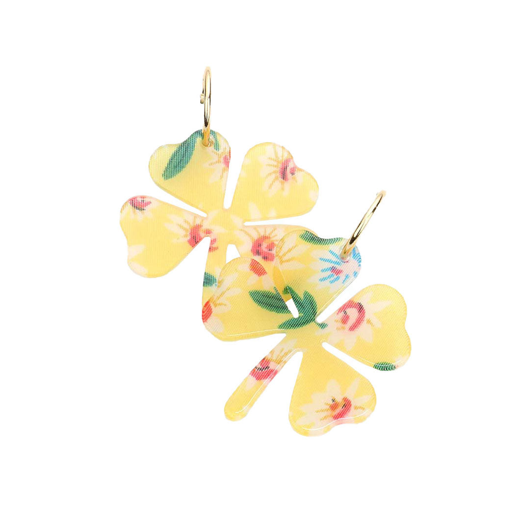 Flower Patterned Resin Clover Dangle Earrings