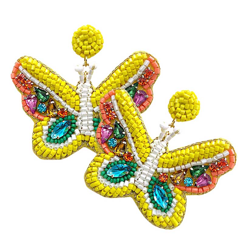 Felt Back Multi Stone Beaded Butterfly Dangle Earrings